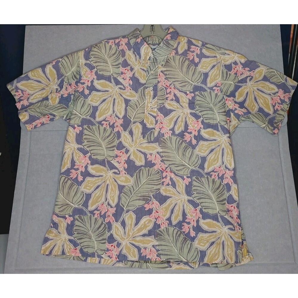 Reyn Spooner Purple Shirt Hawaiian Pink Floral Beige Leaves Sz XLarge Pull Over